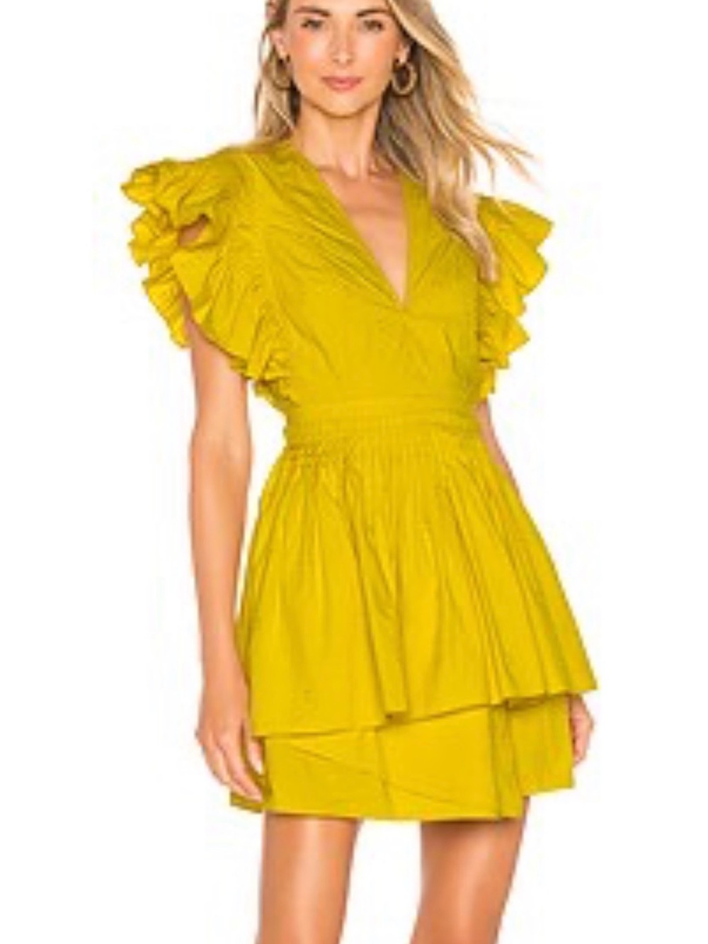 Ulla Johnson Chartreuse Ruffled V-Neck Tiered Mini Dress